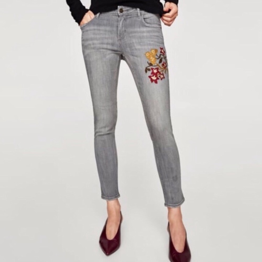 Zara gray cropped skinny jean- floral embroidery-8